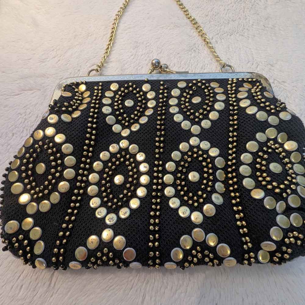1950s Gold And Black Studded Evening Party- Clasp Purse/Vintage - Picture 7 of 12